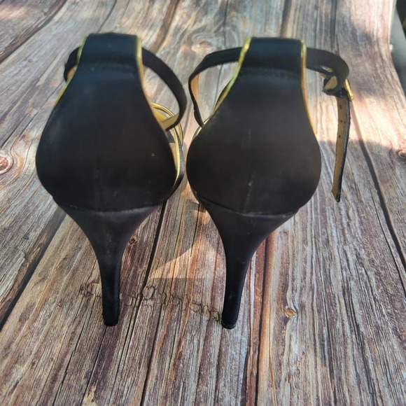 Badgley Mischka Shoes Black Gold Satin Sandal Womens Strappy High Heels Size 7.5 - Picture 9 of 11